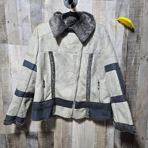 Montanaco Tan and Grey Faux Fur Vegan Suede Moto Coat Jacket